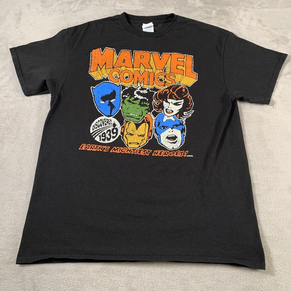 VTG Marvel Comics Shirt Mens Large Black Earth's Mightiest Heroes Superhero Tee